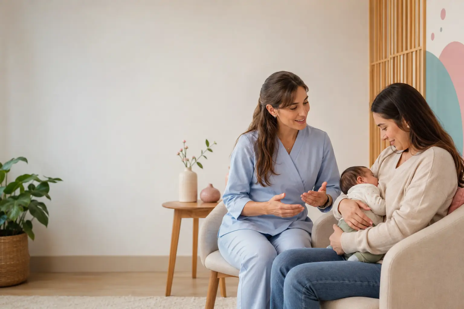 Asesora de lactancia conversando con una madre que sostiene a su bebé