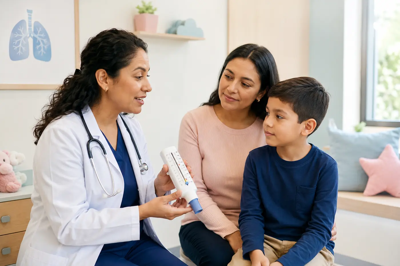 Doctora broncopulmonar infantil explicando una evaluación respiratoria a un niño y su madre