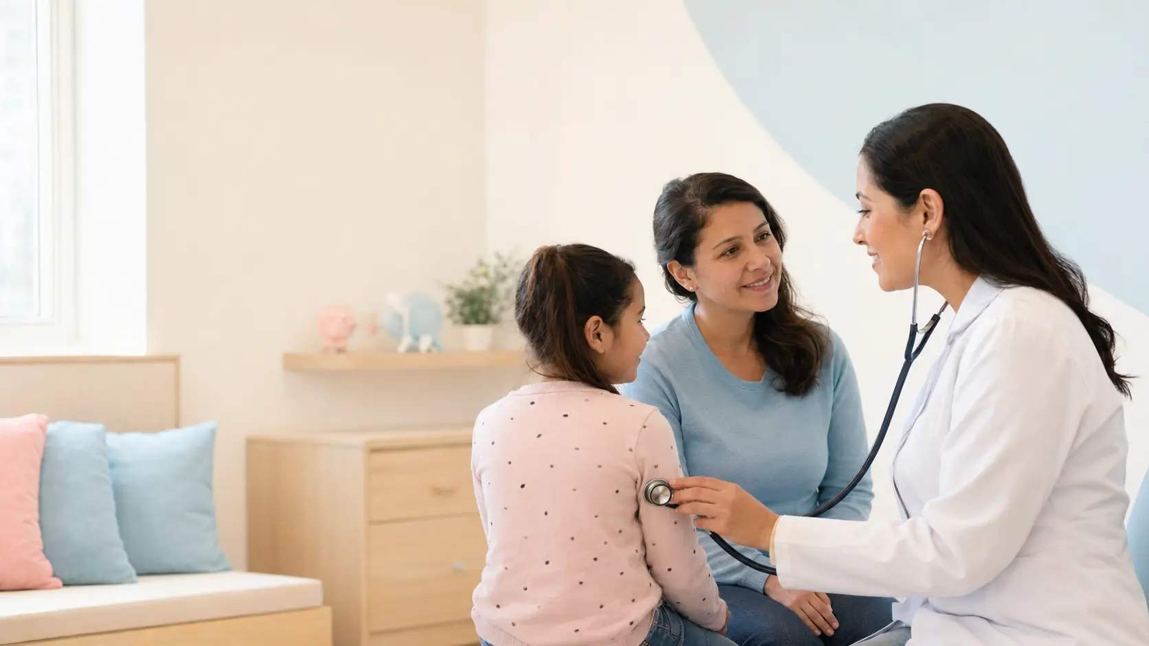 Doctora broncopulmonar infantil examinando la respiración de una niña junto a su madre