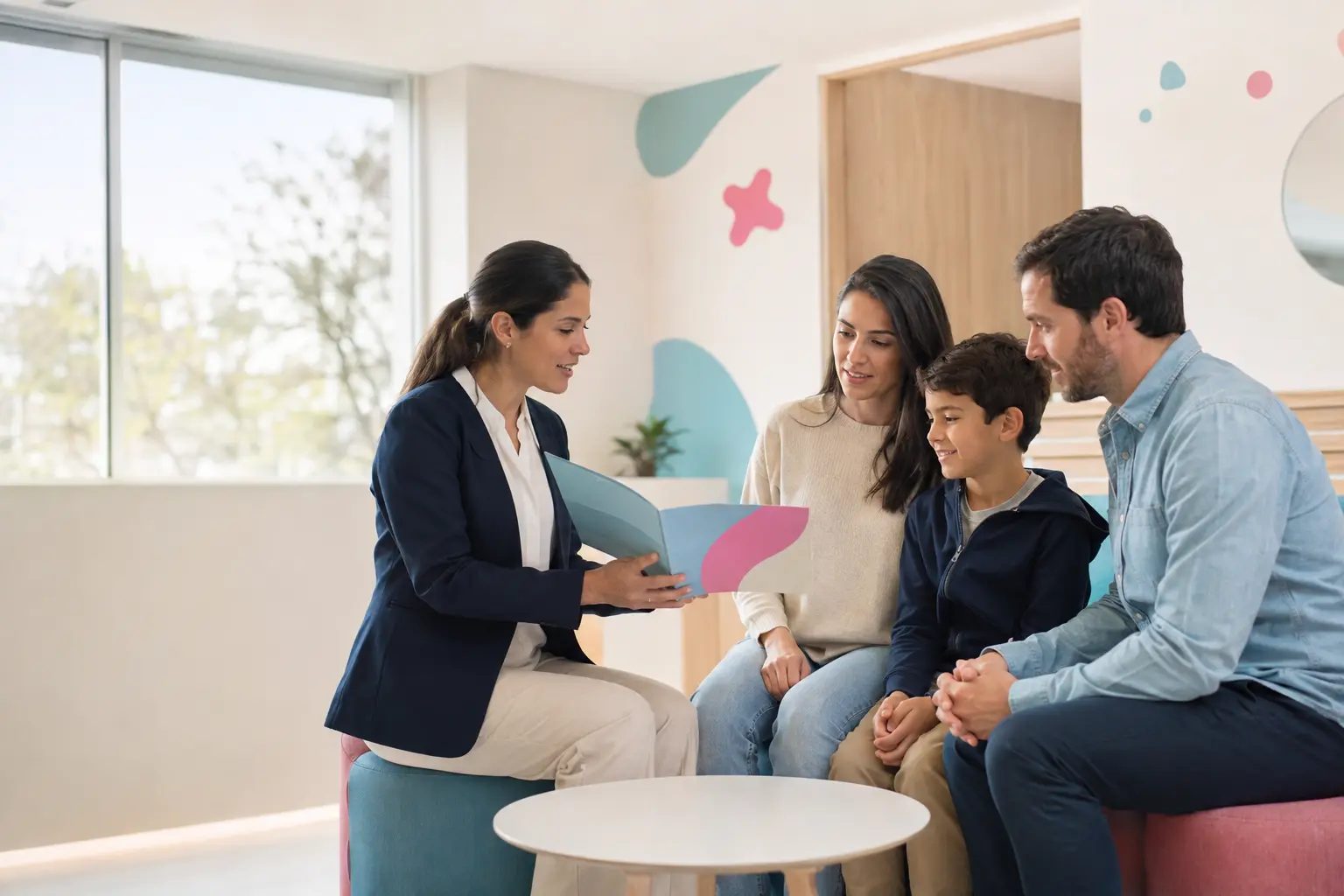 Profesional de Pancurita explicando información de atención a una familia