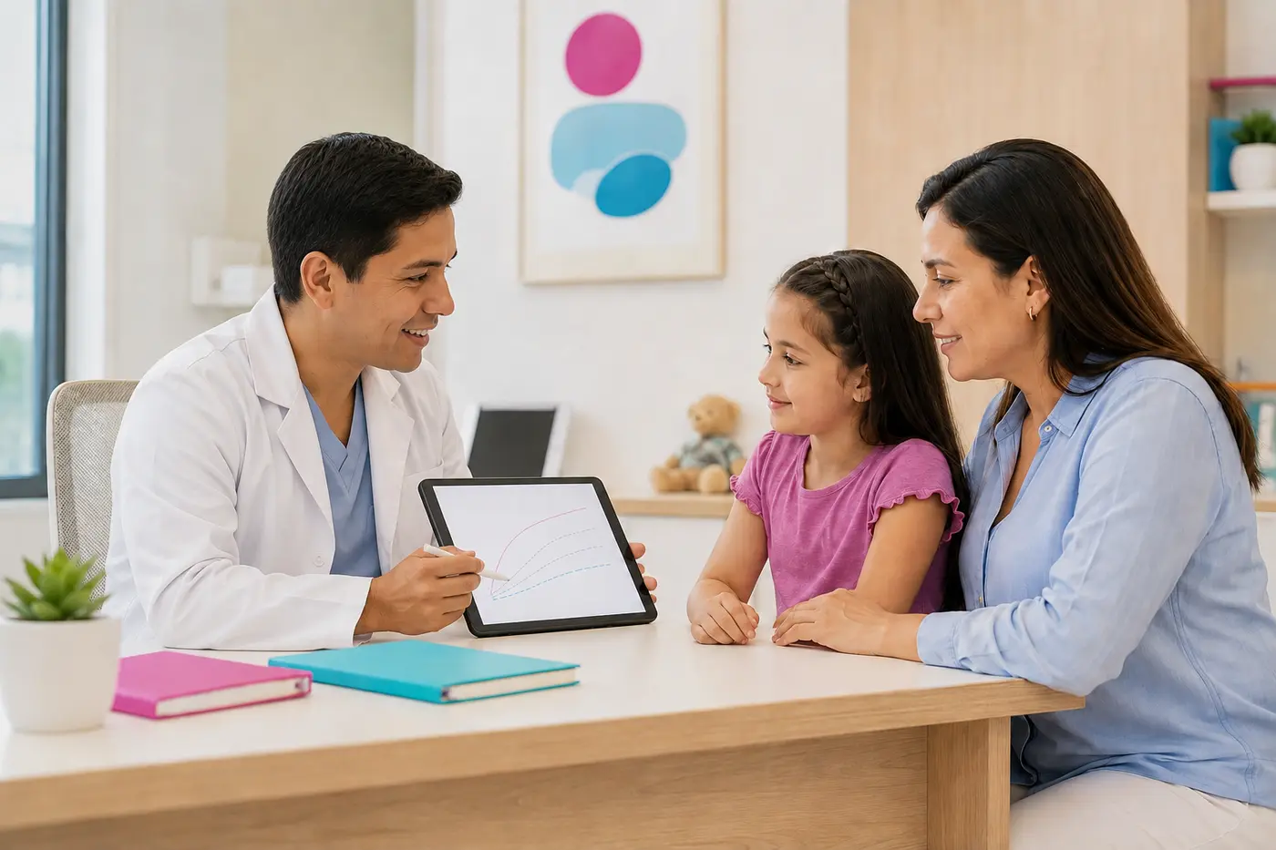 Endocrinólogo infantil explicando una curva de crecimiento a una niña y su madre