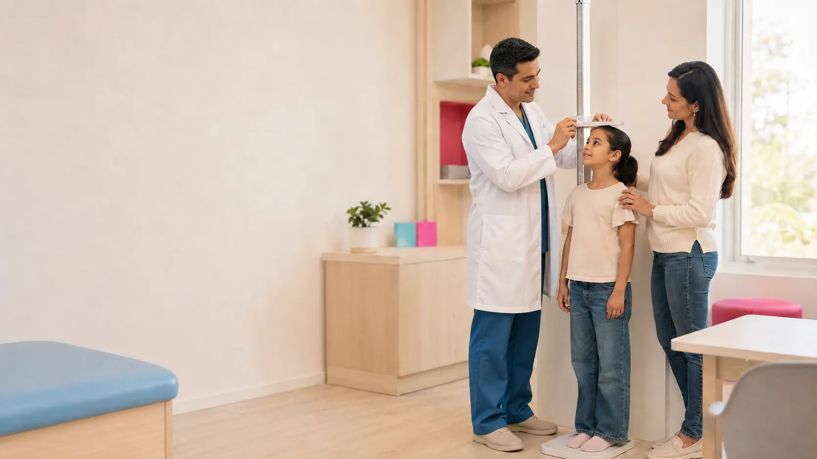 Endocrinólogo infantil midiendo la estatura de una niña acompañada por su madre