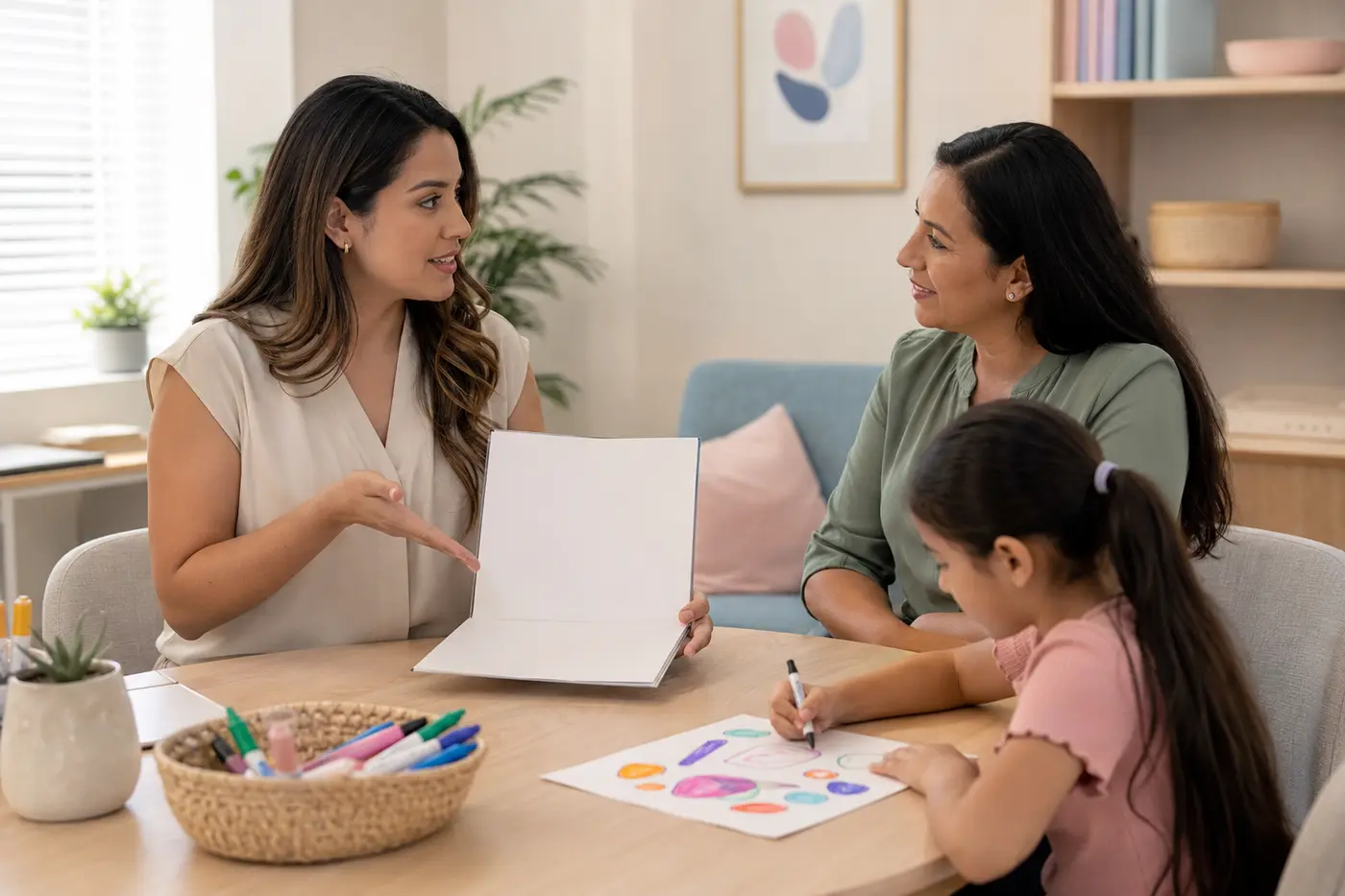 Profesional realizando una devolución a la madre mientras la niña dibuja