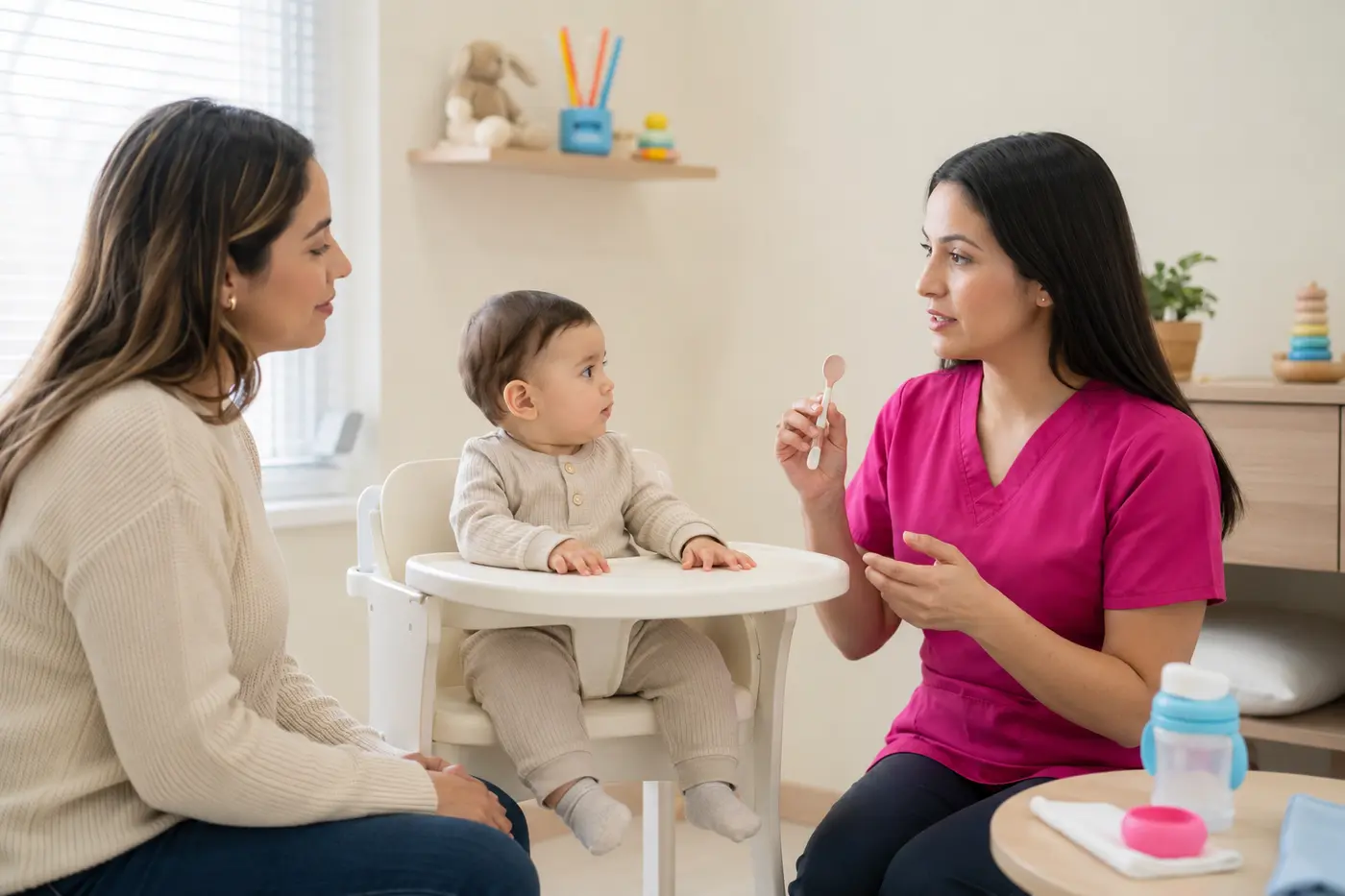 Fonoaudióloga infantil orientando a una madre sobre alimentación y deglución de su bebé