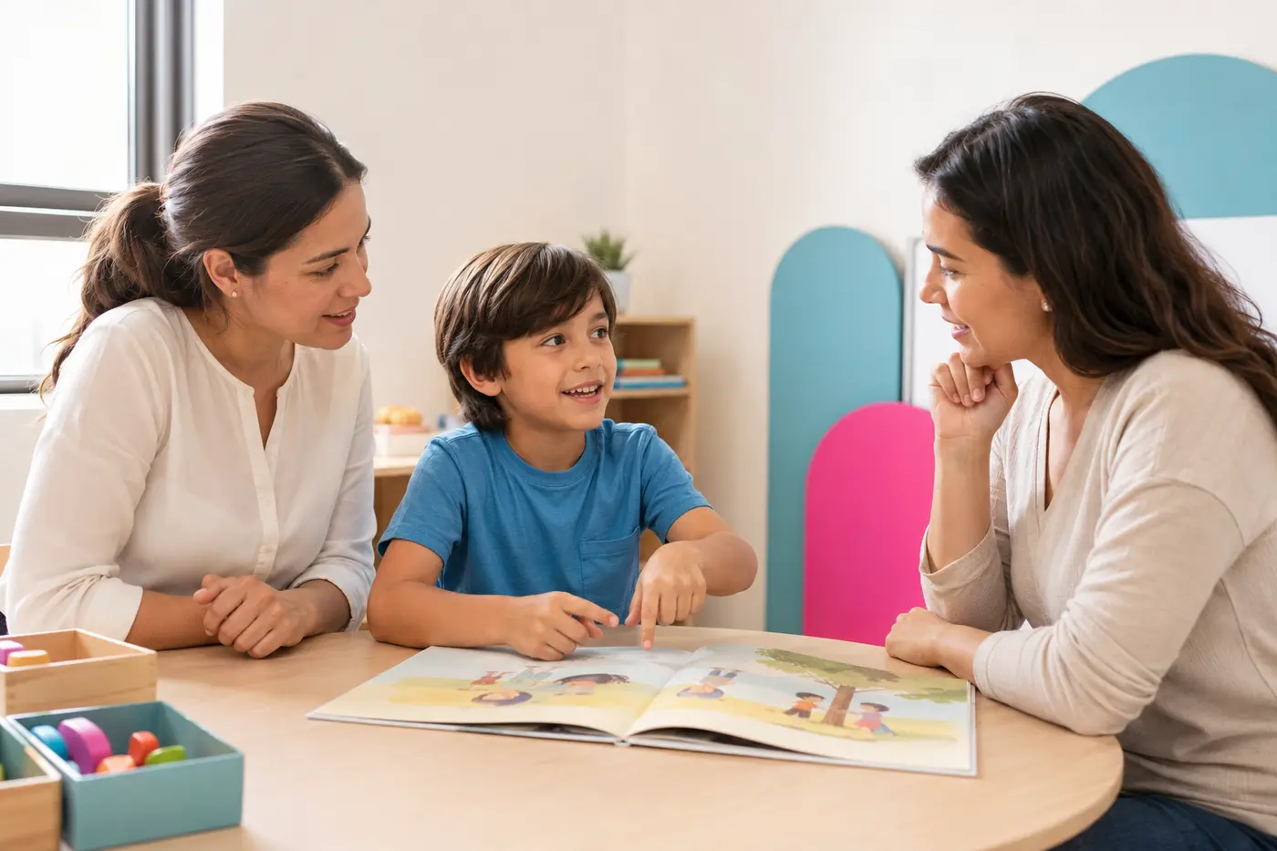 Fonoaudióloga infantil conversando con un niño y su madre durante una sesión