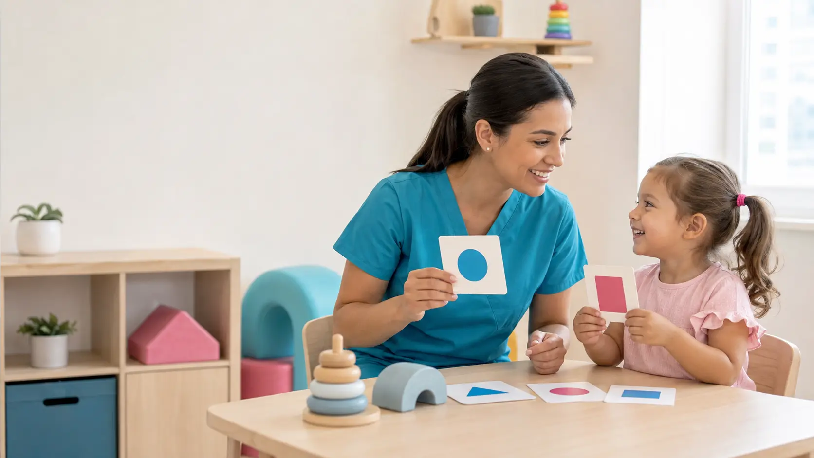 Fonoaudióloga infantil realizando una actividad de lenguaje con una niña