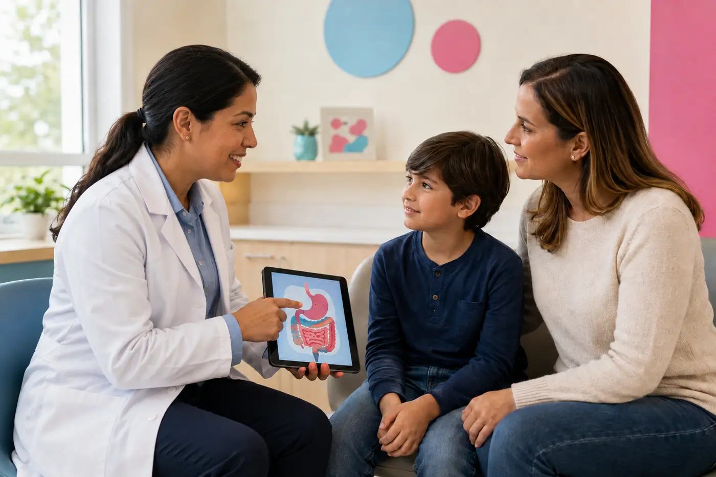 Gastroenteróloga infantil explicando el sistema digestivo a un niño y su madre