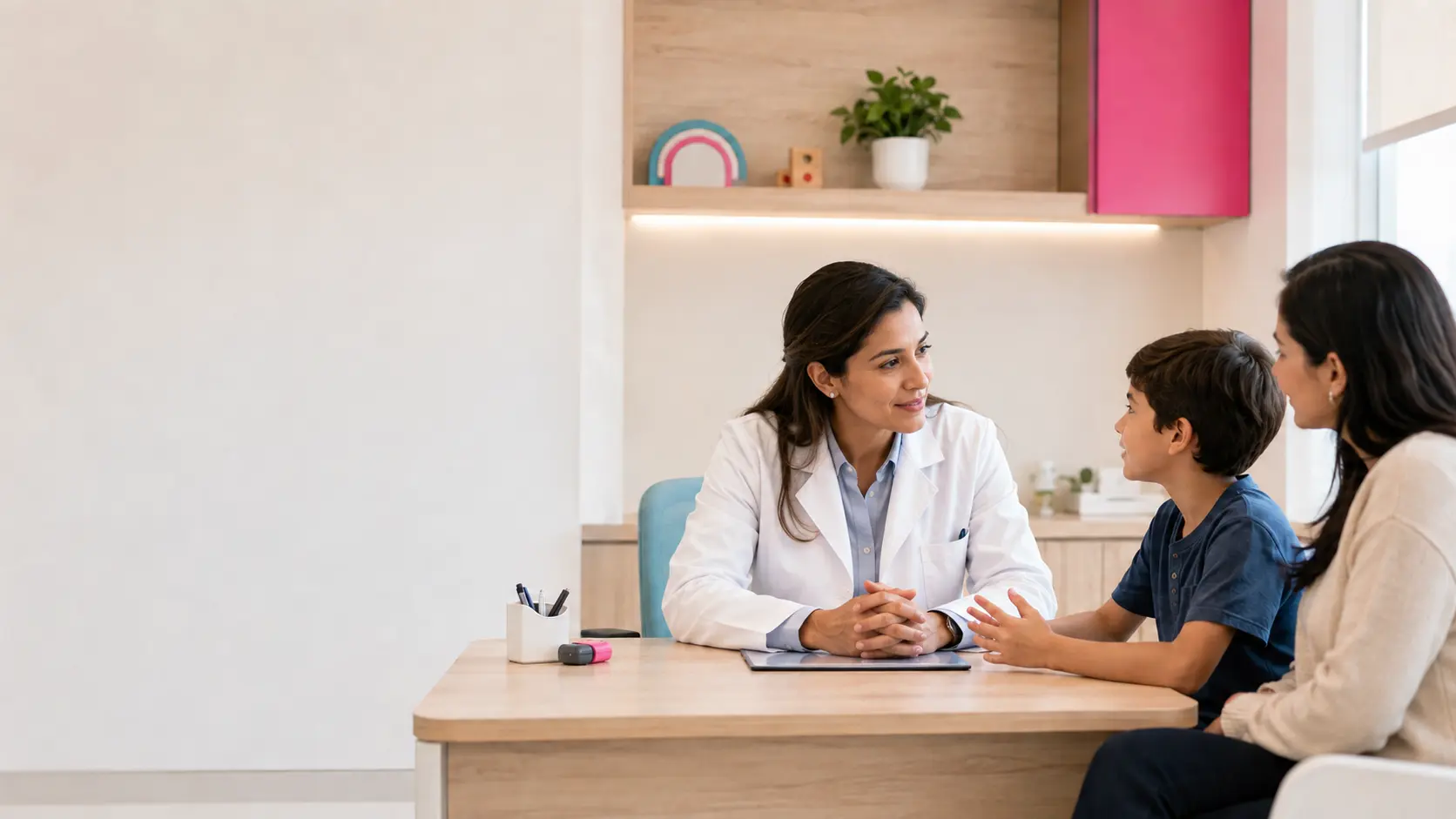 Gastroenteróloga infantil conversando con un niño y su madre