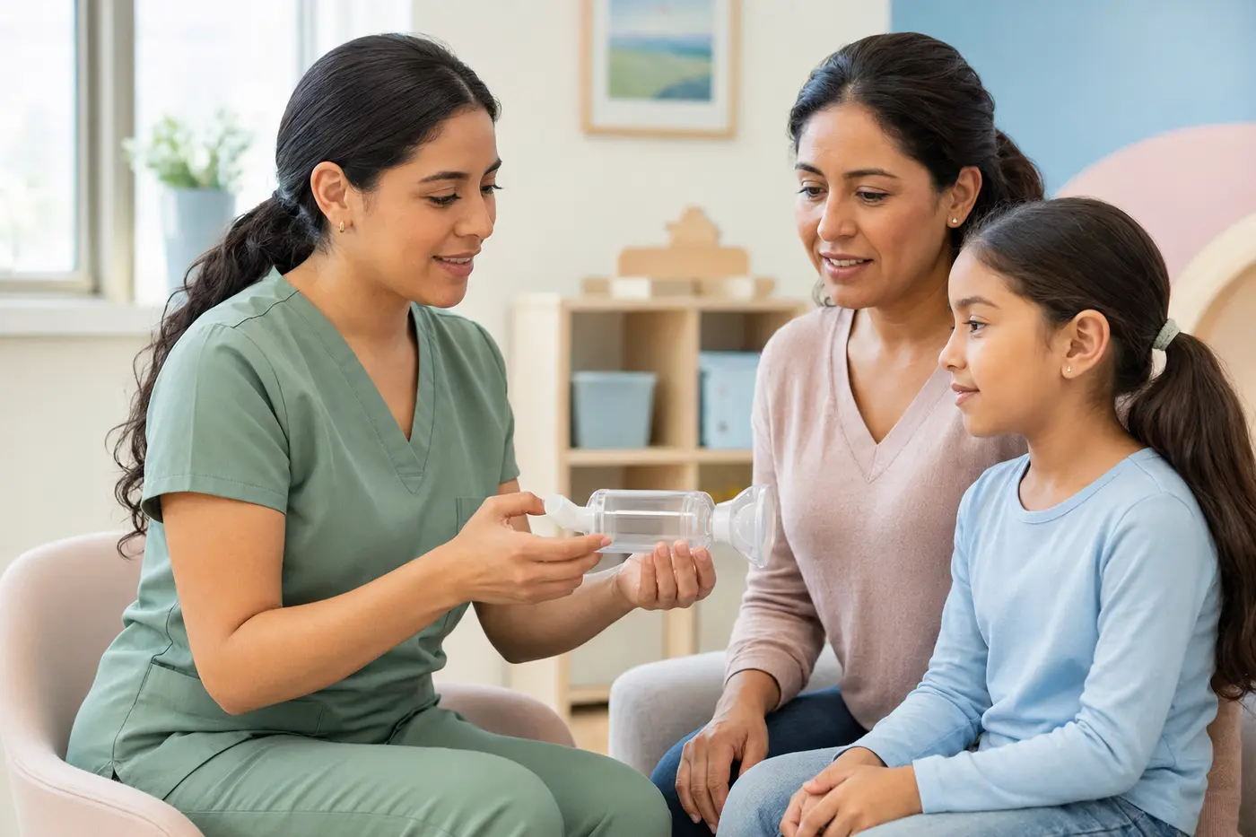 Kinesióloga respiratoria enseñando a una niña y su madre el uso de una aerocámara