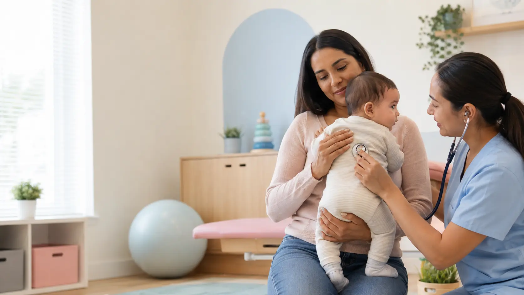 Kinesióloga respiratoria infantil evaluando a un bebé sostenido por su madre