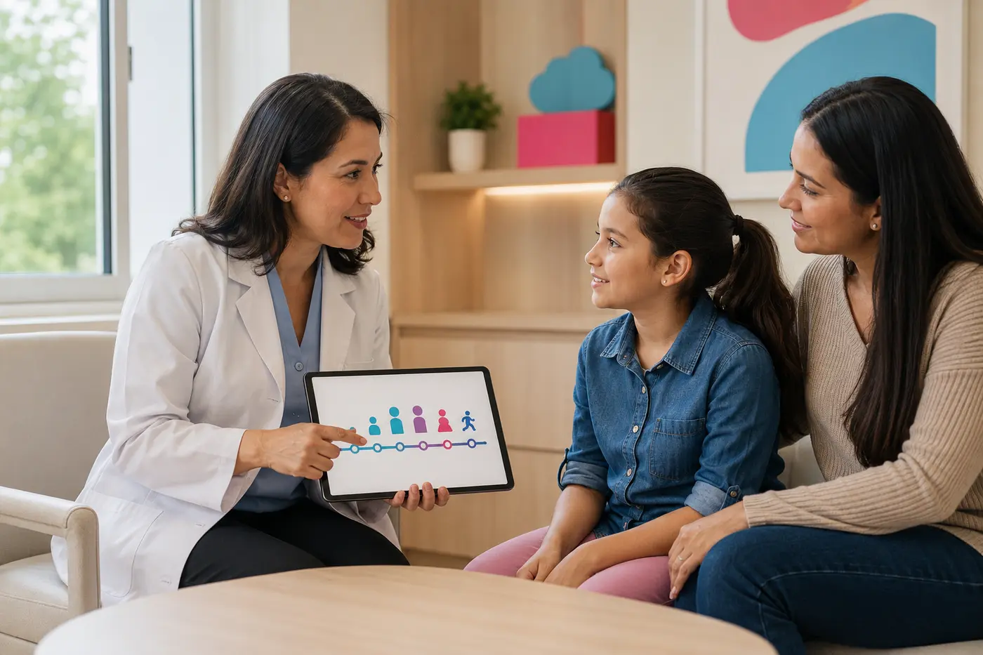 Doctora neuróloga infantil conversando con una niña y su madre sobre su desarrollo