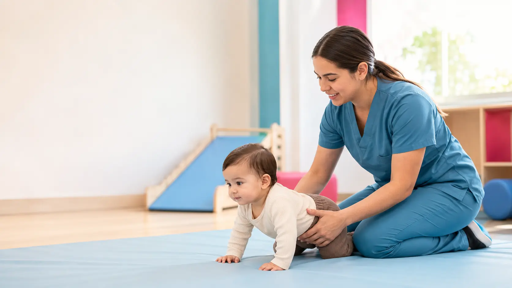 Kinesióloga infantil acompañando el desarrollo motor de un bebé