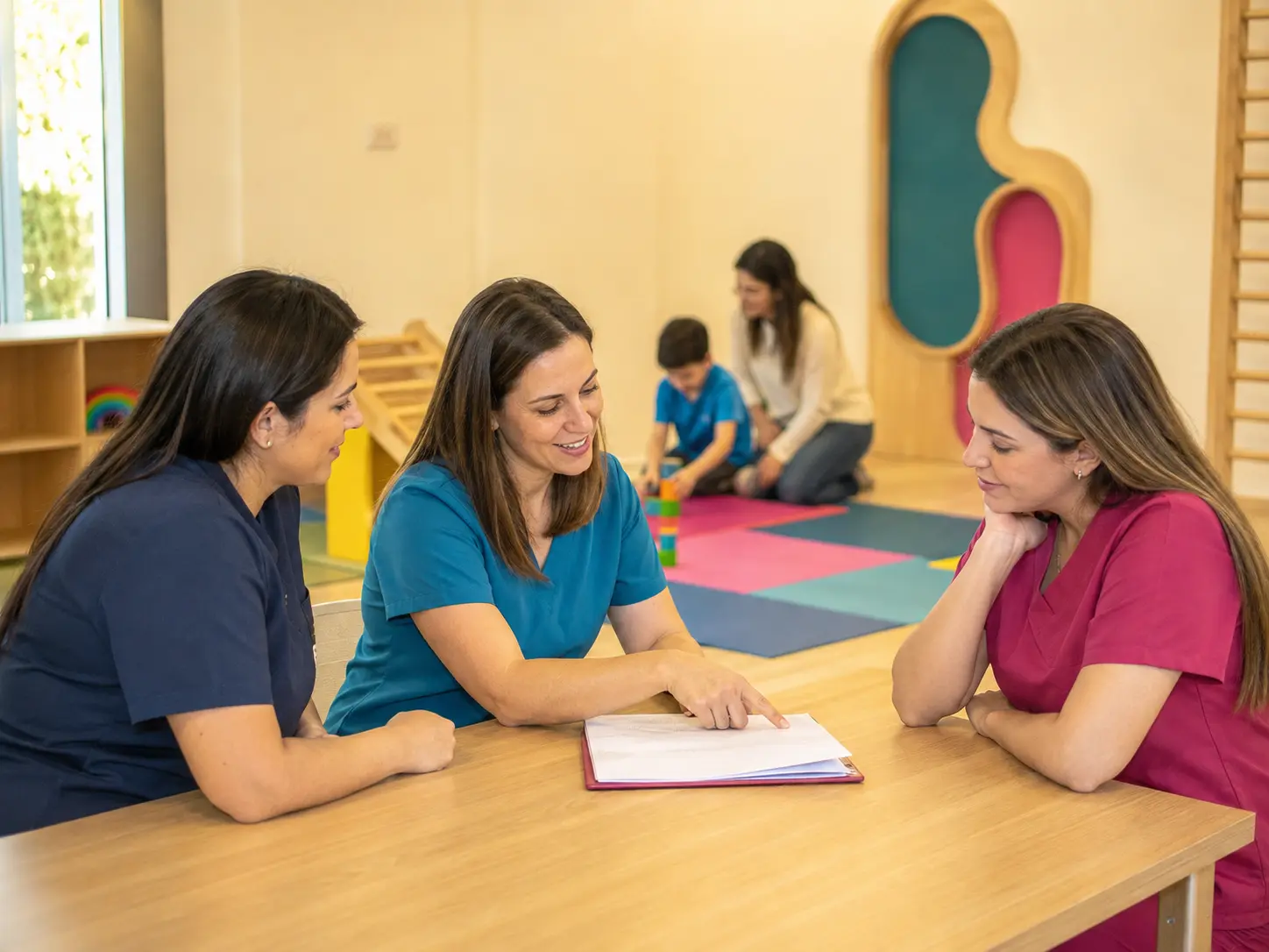 Profesionales de rehabilitación infantil de Pancurita coordinando un plan de atención