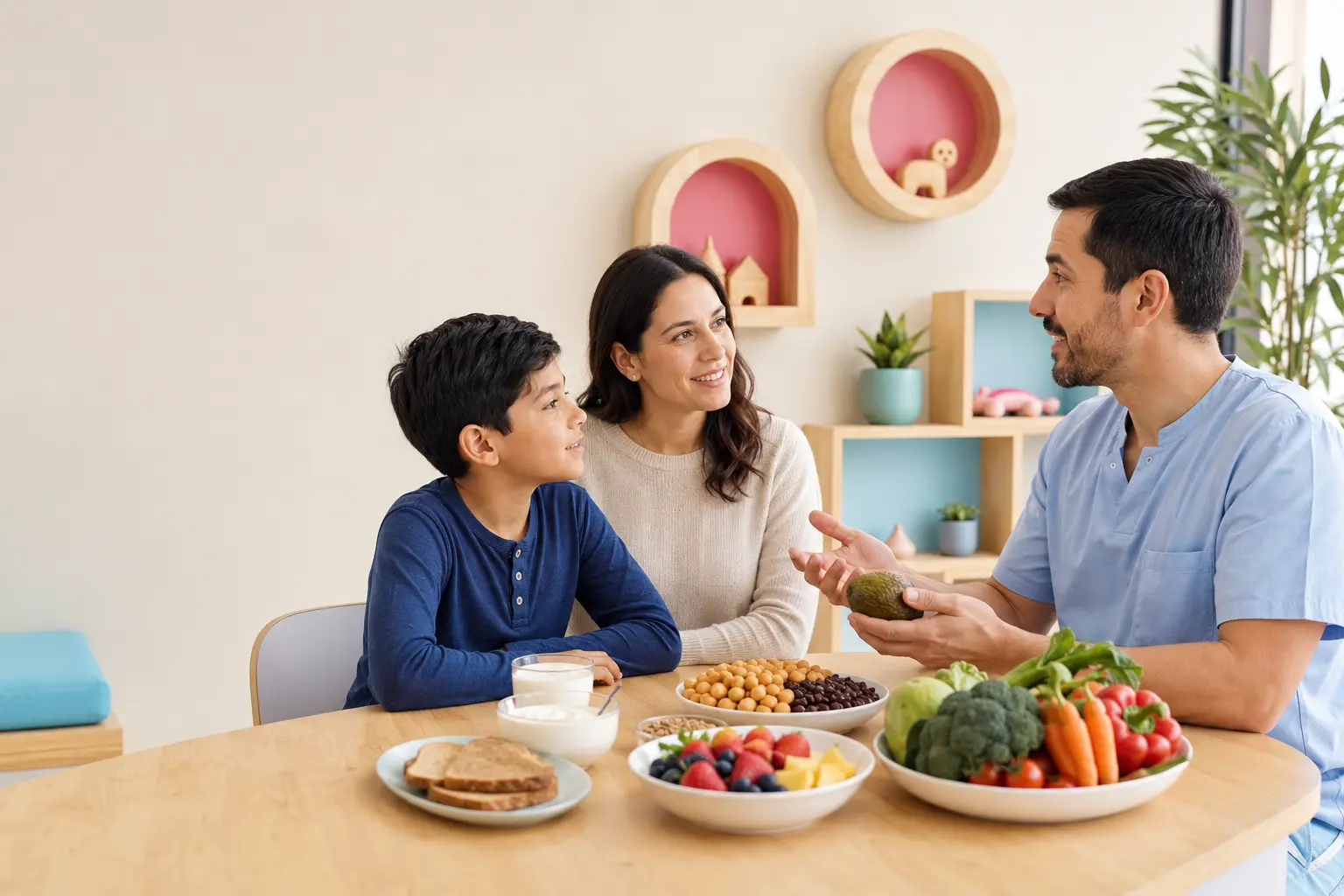 Nutricionista infantil hombre conversando sobre alimentación con un niño y su madre