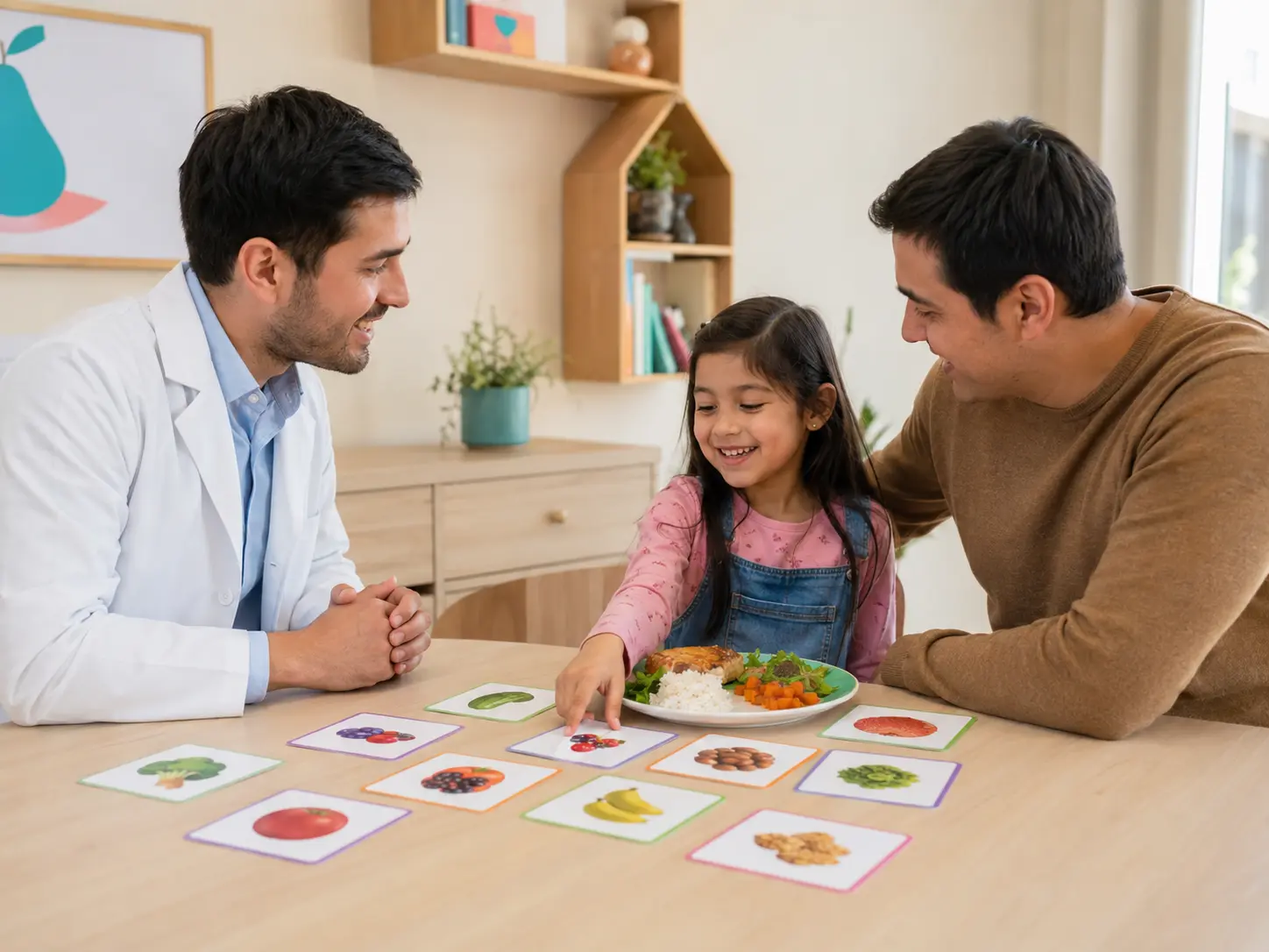 Nutricionista infantil hombre realizando una actividad alimentaria con una niña y su padre
