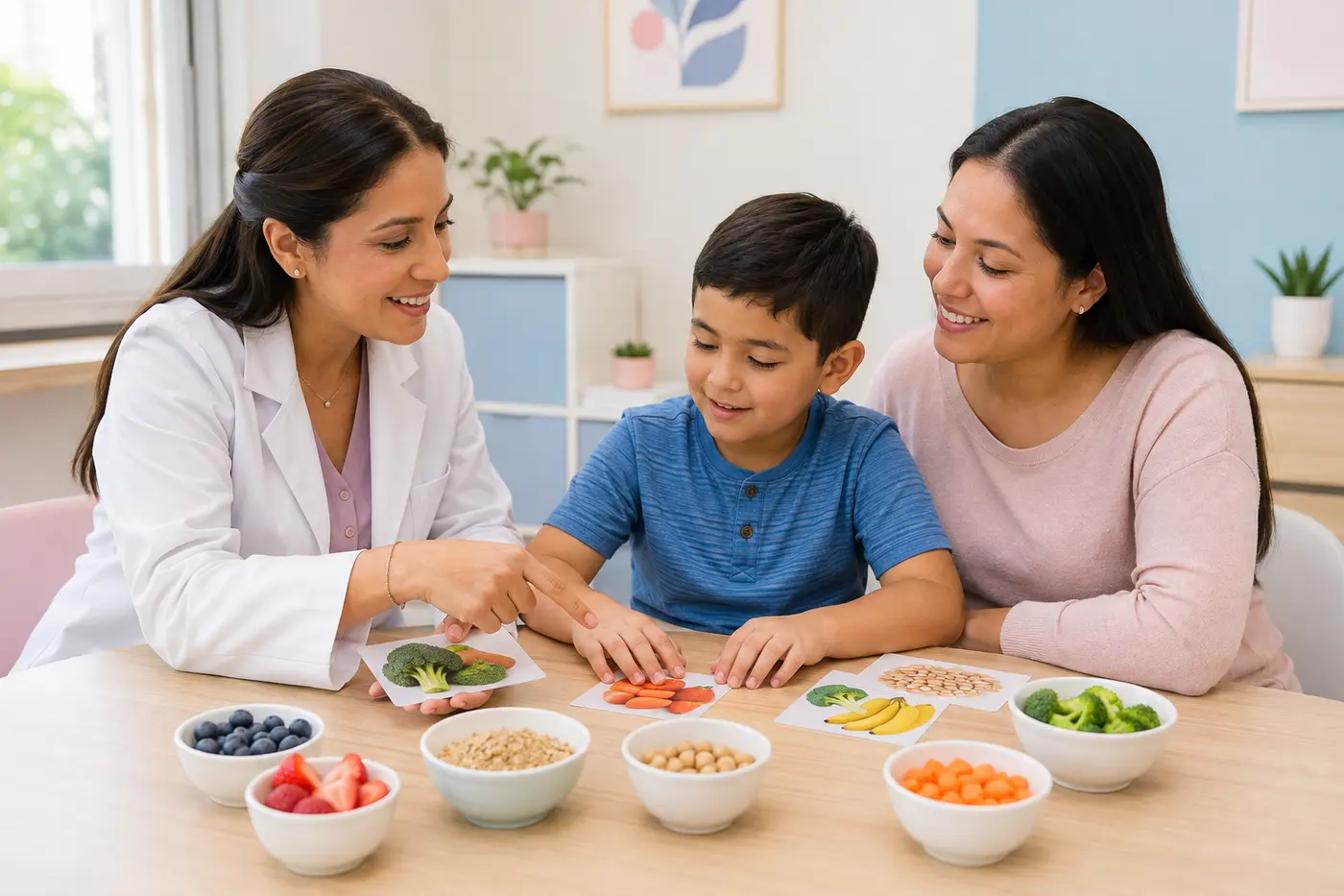 Doctora nutrióloga infantil orientando a un niño y su madre sobre una alimentación variada