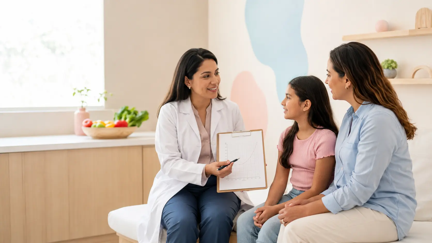 Doctora nutrióloga infantil conversando con una niña y su madre sobre crecimiento y alimentación