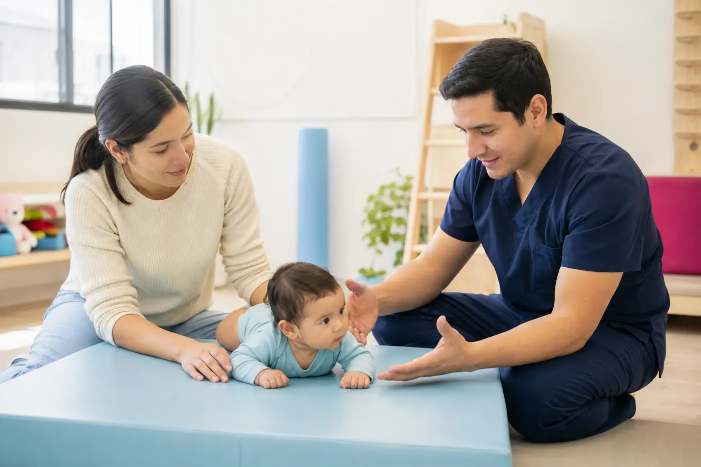 Osteópata infantil orientando a una madre durante ejercicios supervisados con su bebé