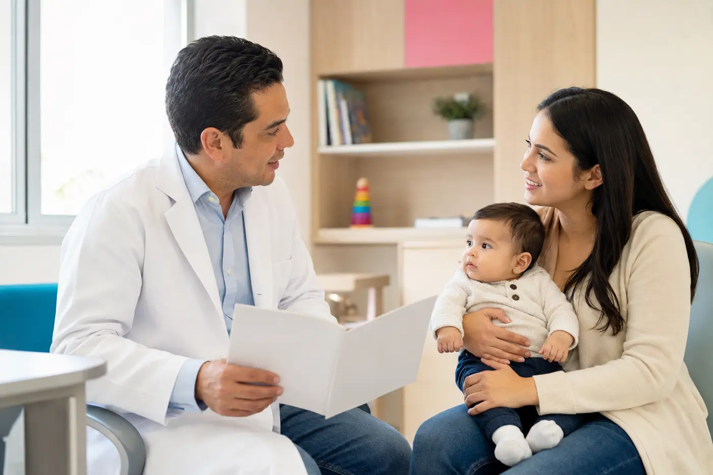 Pediatra orientando a una madre durante el control de salud de su bebé