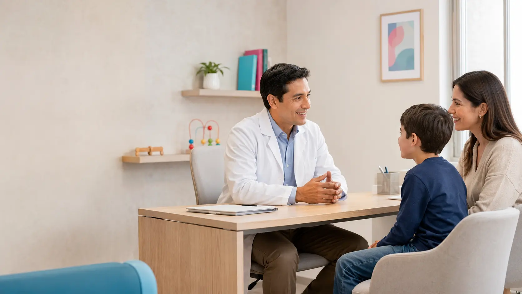 Pediatra conversando con un niño y su madre durante una consulta