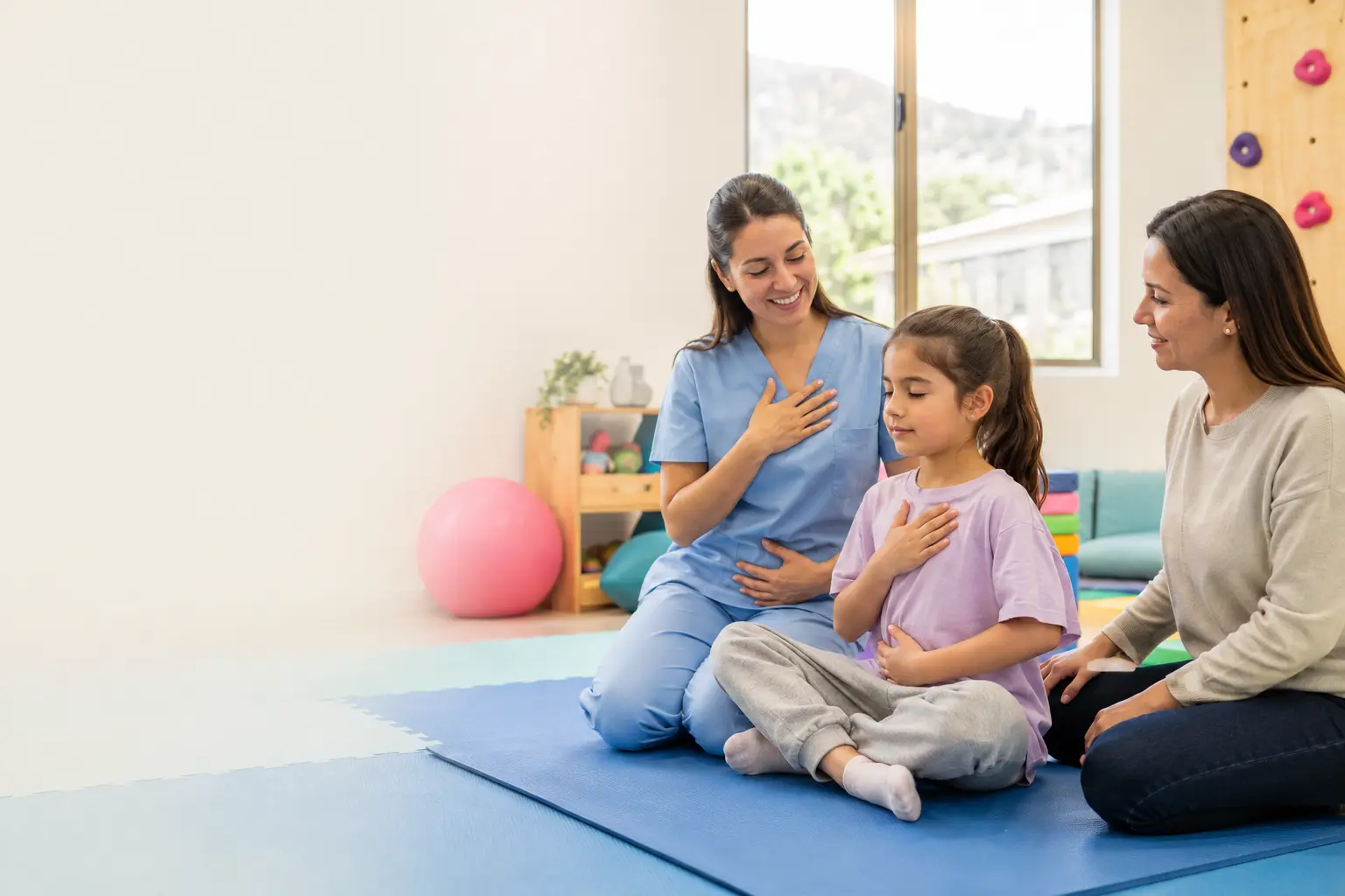 Kinesióloga infantil guiando un ejercicio de respiración a una niña acompañada por su madre