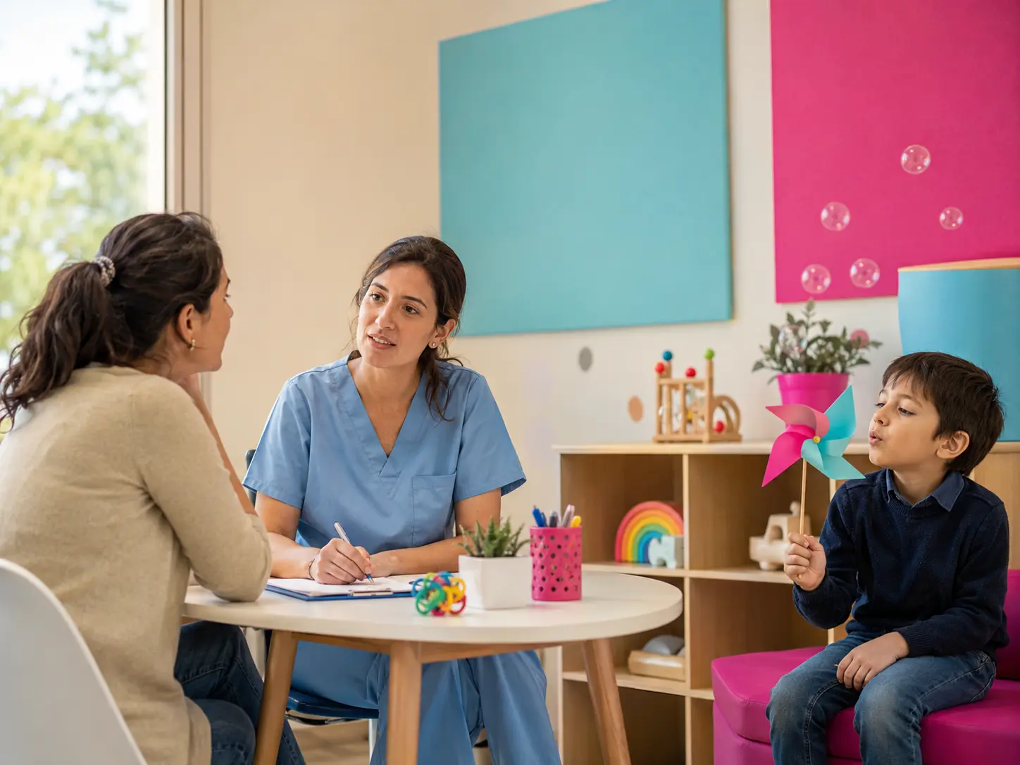 Kinesióloga infantil conversando con una madre mientras su hijo realiza un juego respiratorio