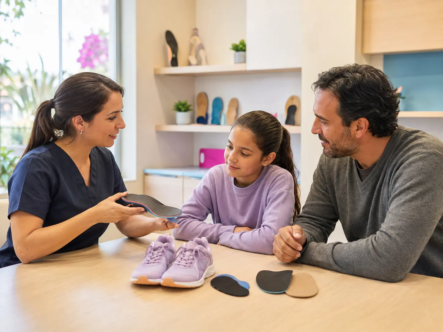 Especialista mujer mostrando plantillas ortopédicas personalizadas a una niña y su padre