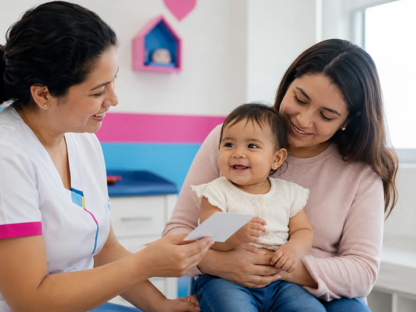 Bebé con sus primeros aritos recibiendo indicaciones de cuidado junto a su madre