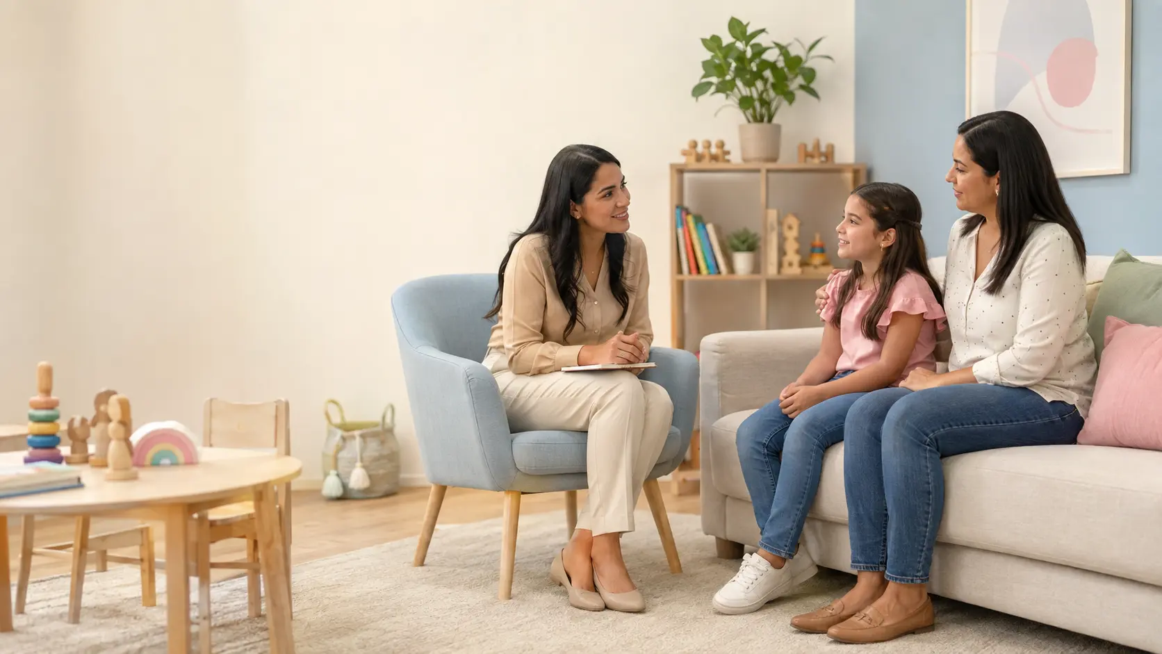 Psicóloga infantil conversando con una niña y su madre en un ambiente acogedor