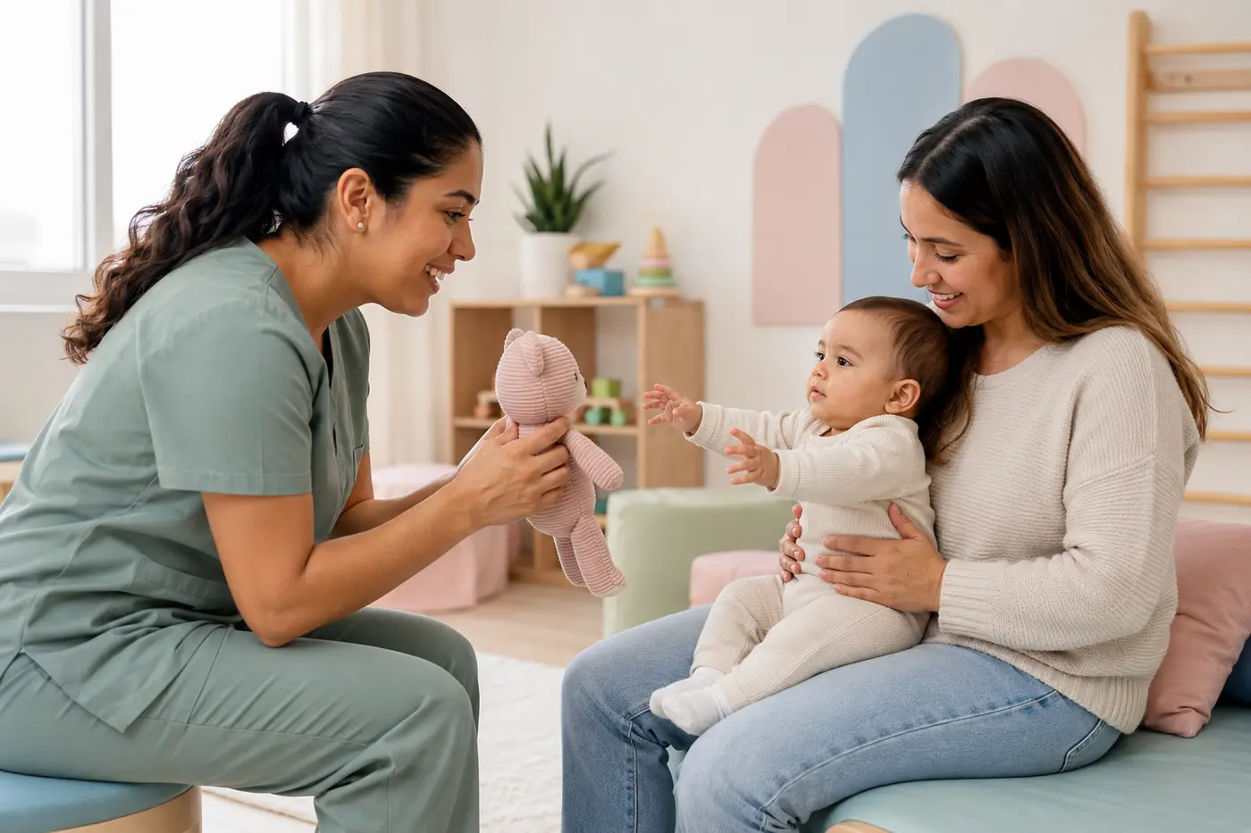 Kinesióloga infantil orientando a una madre durante una actividad de alcance con su bebé prematuro