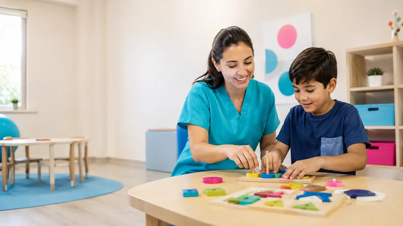 Terapeuta ocupacional infantil realizando una actividad de motricidad fina con un niño